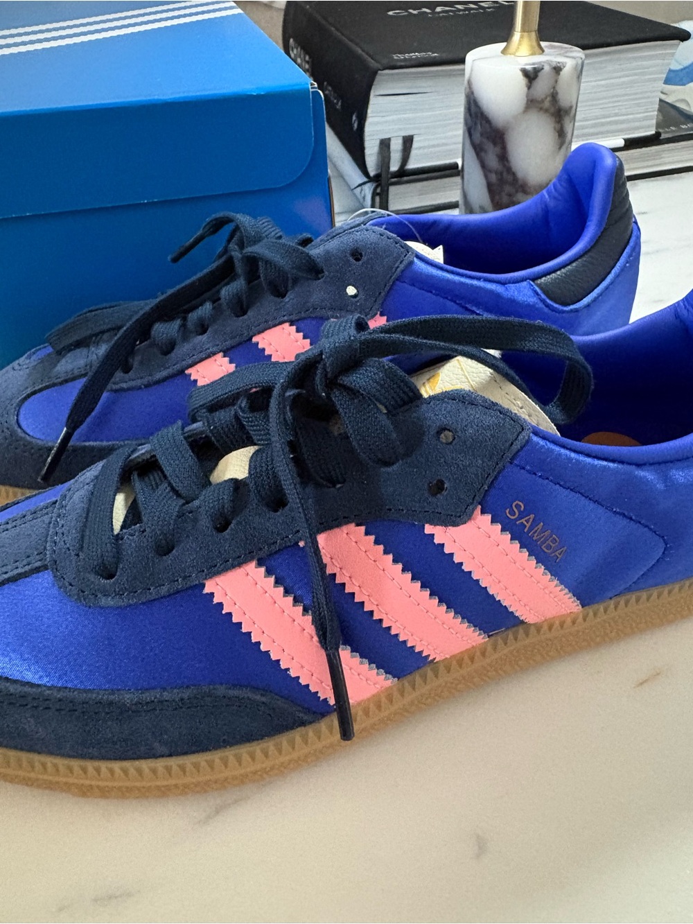 RARE adidas blue sambas with pink stripes and gum sole